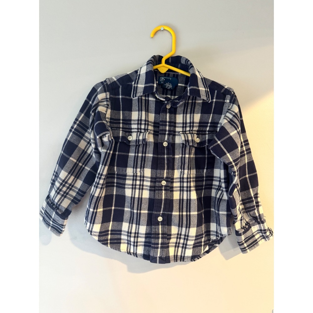 Polo Ralph Lauren Boys Navy Blue White Plaid Flannel Button Down Shirt 2T